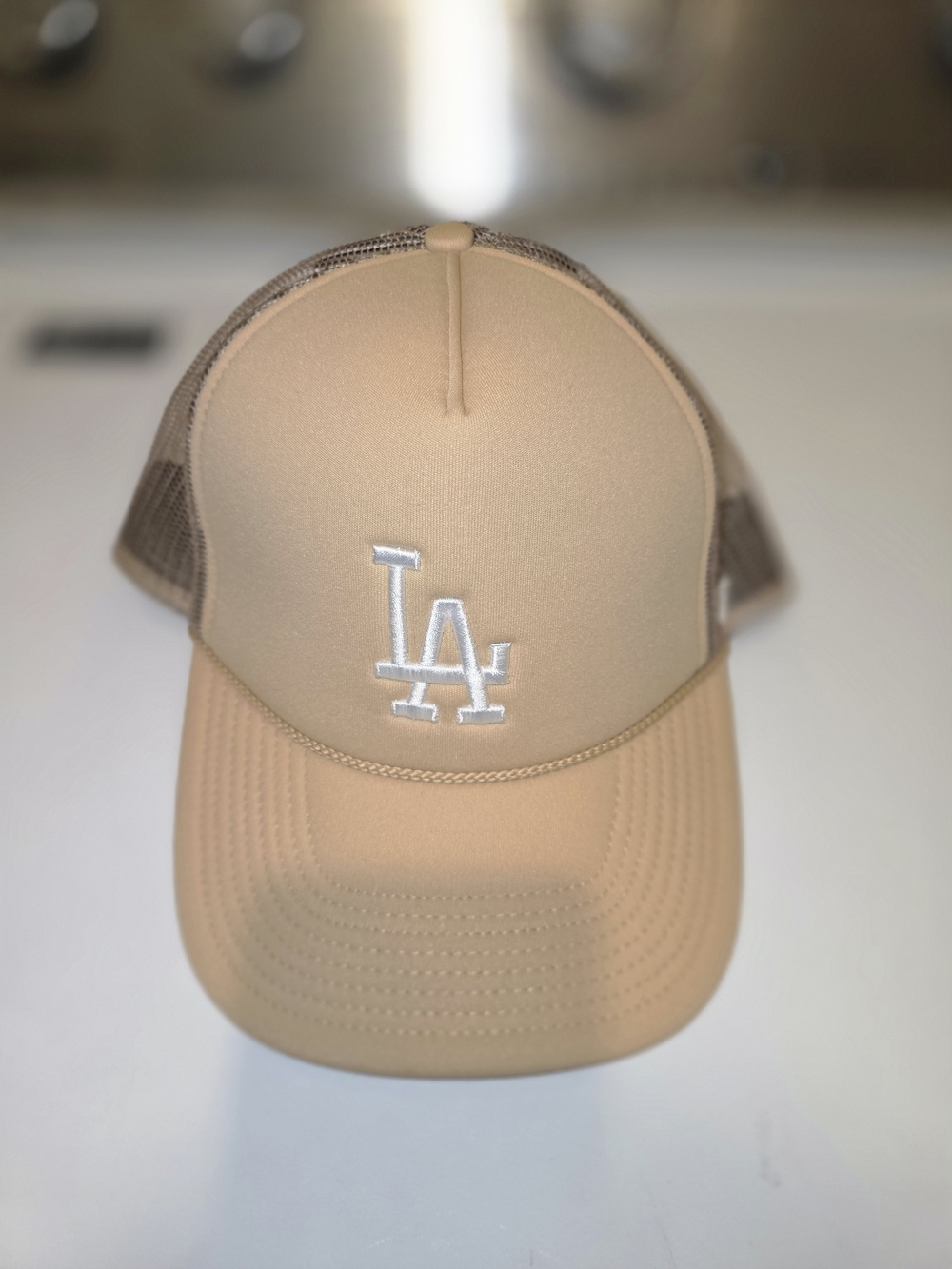 Tan LA Logo Trucker Hat with White Embroidery